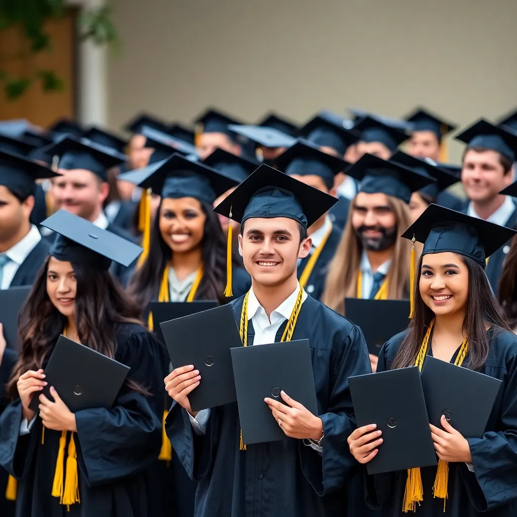 Group of graduates in caps and gowns holding diplomas