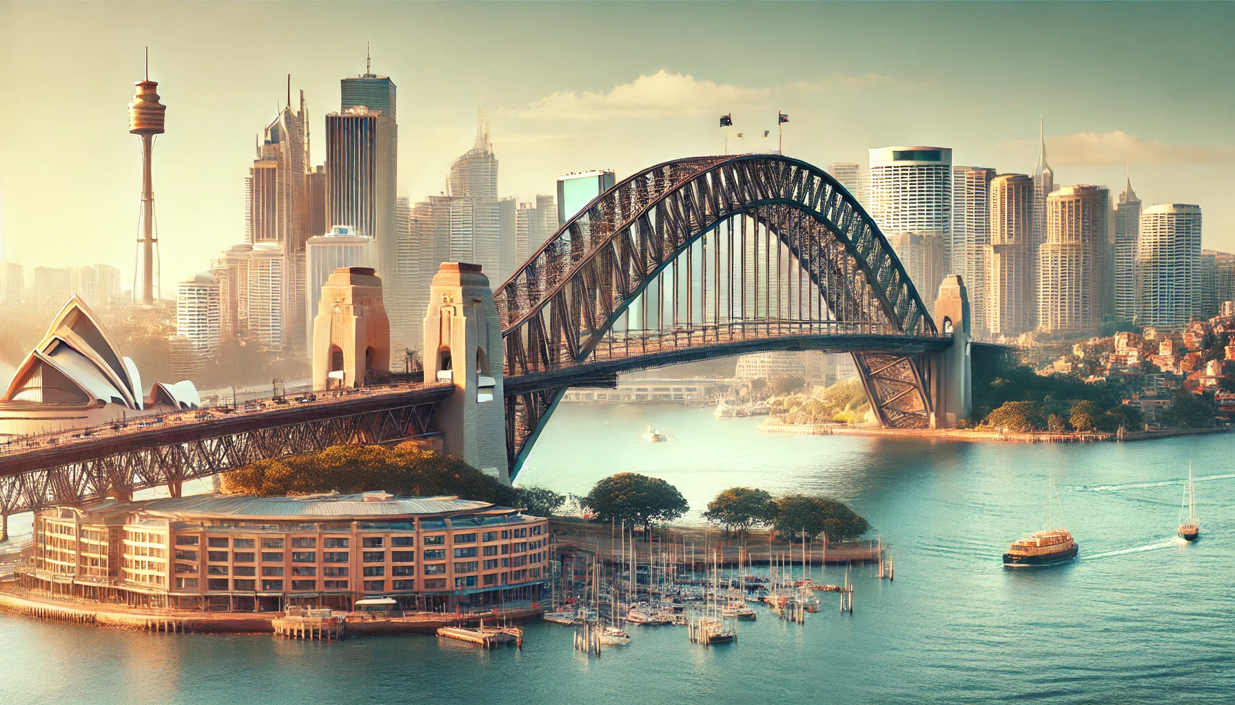 A scenic view of Sydney Harbour Bridge and surrounding buildings in Australia
